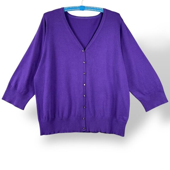 Vintage Cardigan Sz 2X Purple V-Neck 3/4 Sleeve Rhinestone Button Front Sweater - Picture 1 of 9